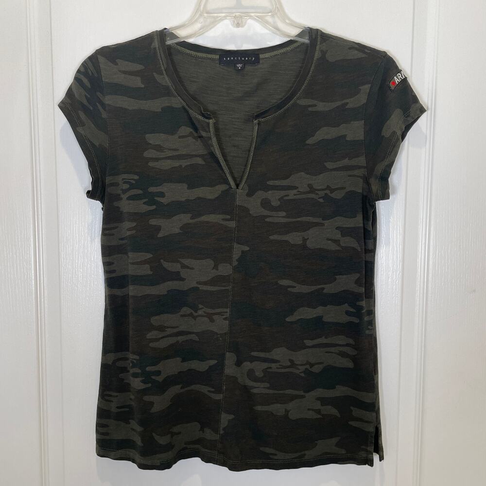 Sanctuary Camo Print Army Tee Green Split Neck Short Sleeve‎ Military S